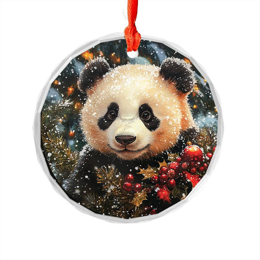 Beautiful Angus Panda Christmas Night Design 2 Glass Ornament