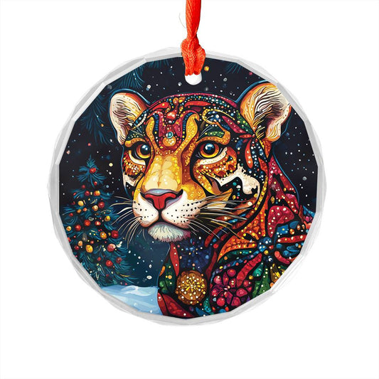 Beautiful Jaguar Christmas Night Design 1 Glass Ornament