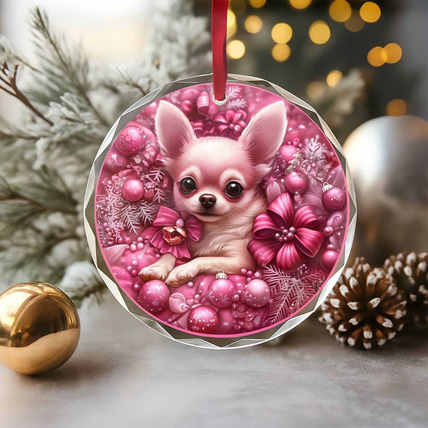Chihuahua Dog Pink Christmas Design 4 Glass Ornament