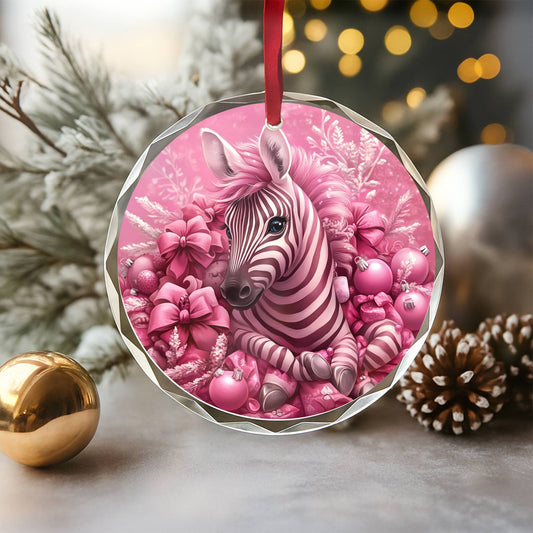 Zebra Pink Christmas Design 2 Glass Ornament