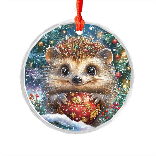 Beautiful Angus Hedgehog Christmas Night Design 3 Glass Ornament