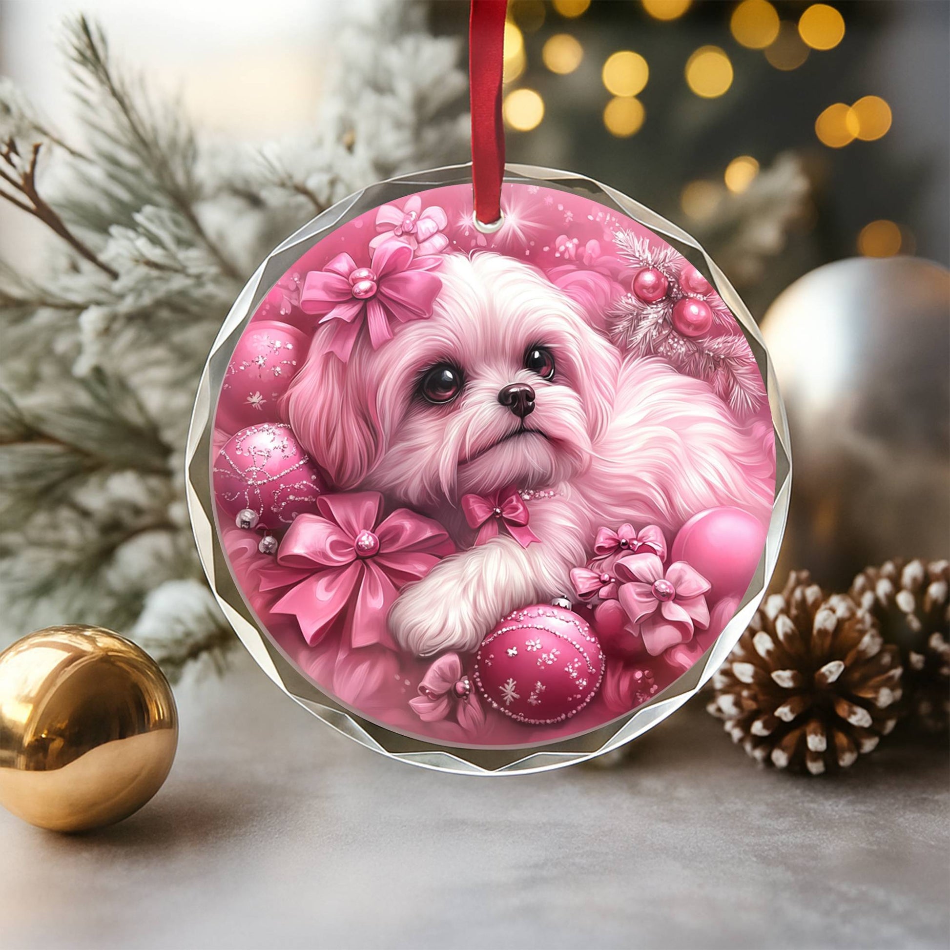 Shih Tzu Dog Pink Christmas Design 1 Glass Ornament