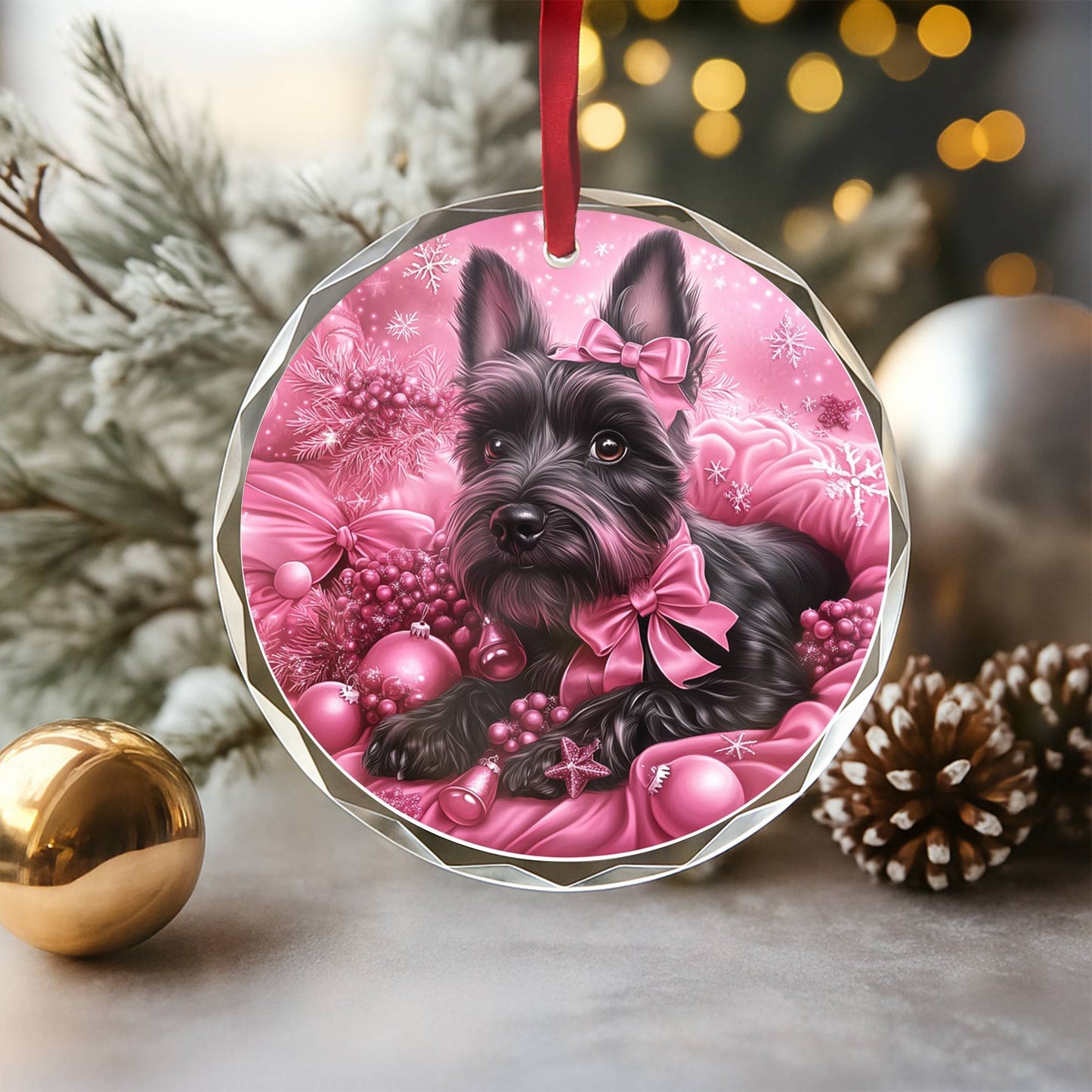 Scottish Terrier Dog Pink Christmas Design 1 Glass Ornament