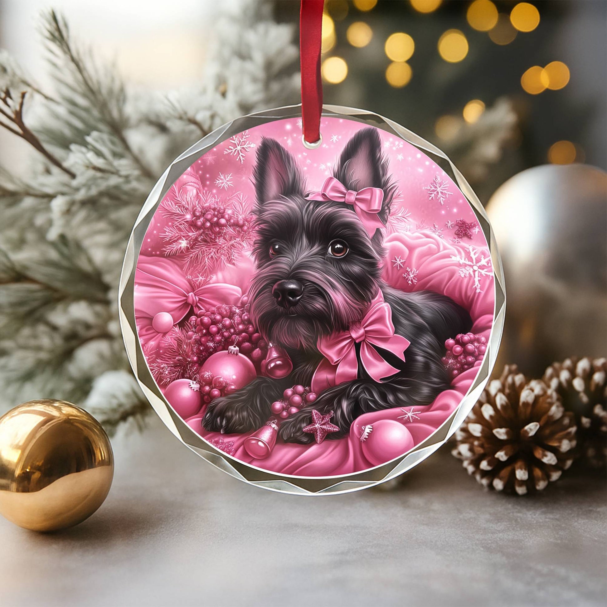 Scottish Terrier Dog Pink Christmas Design 1 Glass Ornament
