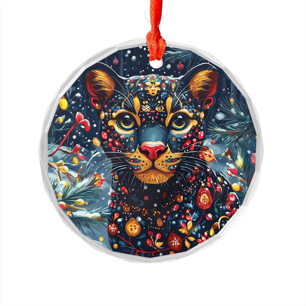 Beautiful Panther Christmas Night Design 2 Glass Ornament