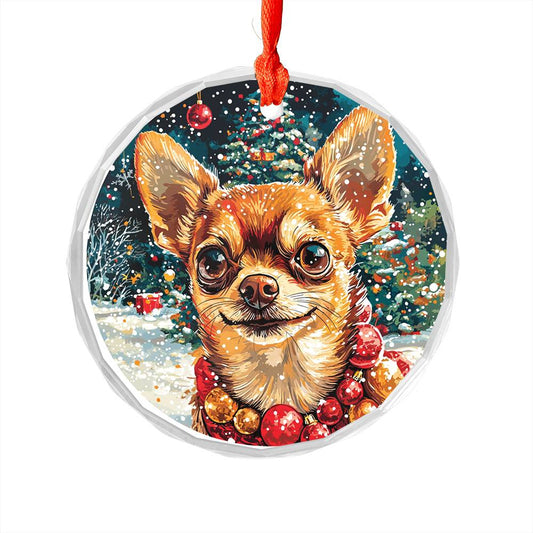 Beautiful Chihuahua Dog Christmas Night Design 3 Glass Ornament
