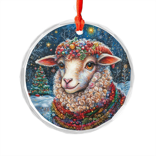 Beautiful Sheep Christmas Night Design 3 Glass Ornament