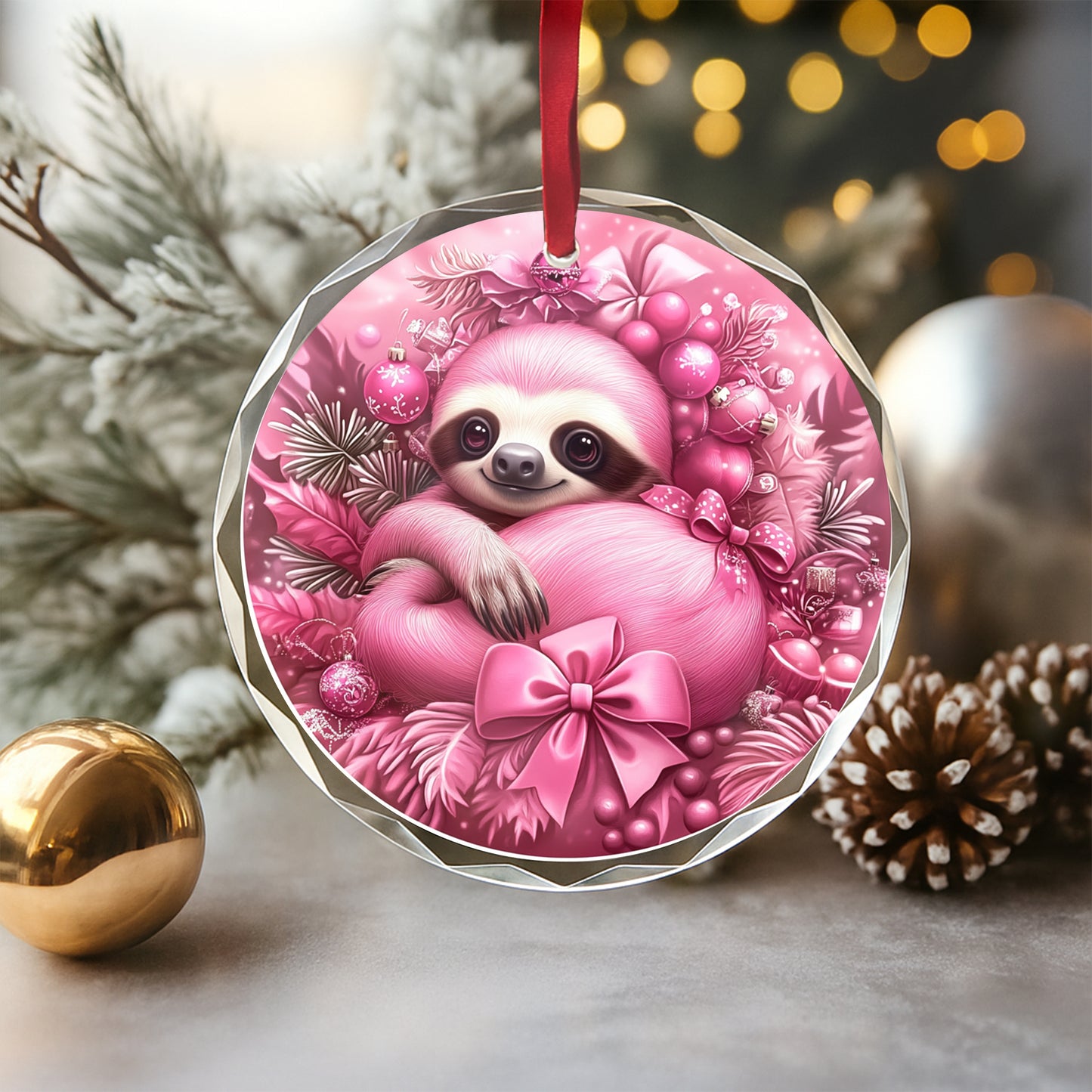 Sloth Pink Christmas Design 1 Glass Ornament