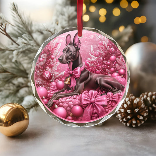 Doberman Pinscher Dog Pink Christmas Design 2 Glass Ornament