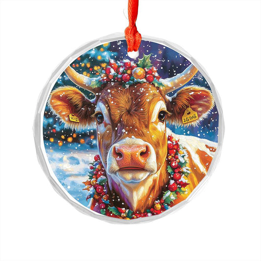 Beautiful Jersey Cow Christmas Night Design 3 Glass Ornament