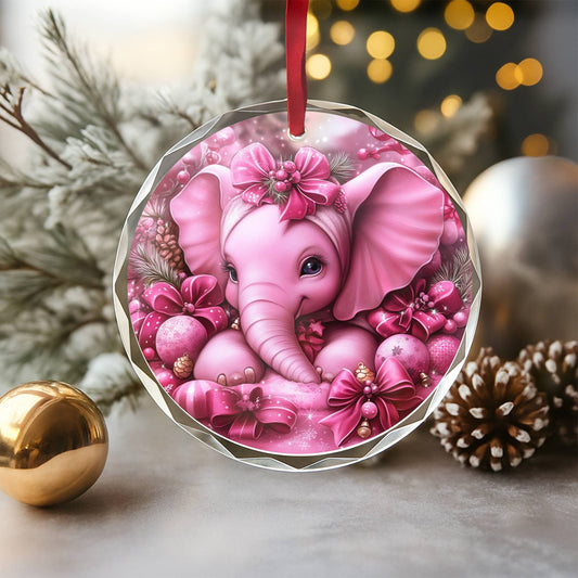 Elephant Pink Christmas Design 4 Glass Ornament