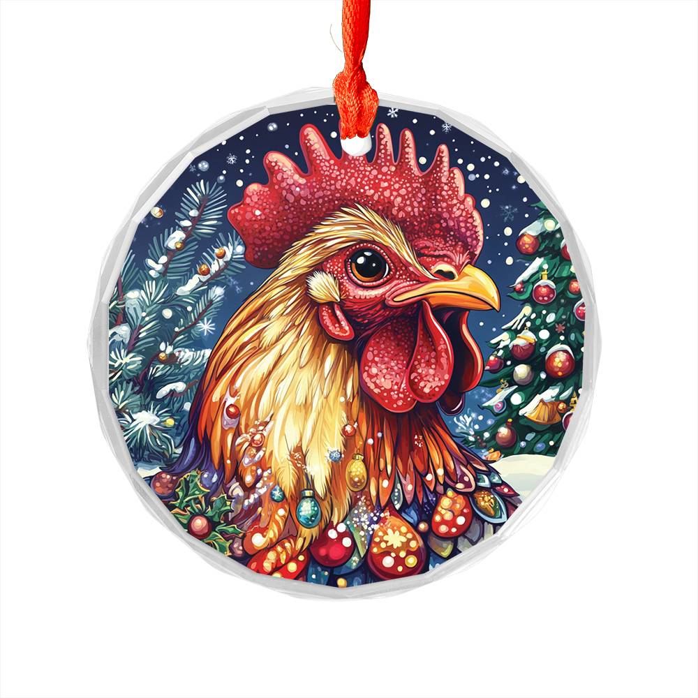 Beautiful Rooster Christmas Night Design 3 Glass Ornament