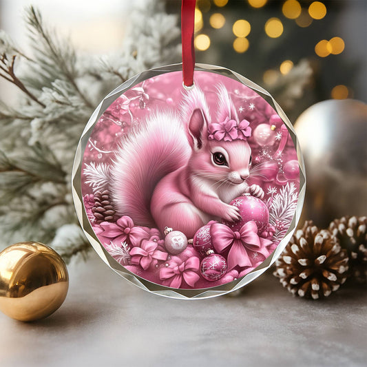 Squirrel Pink Christmas Design 1 Glass Ornament