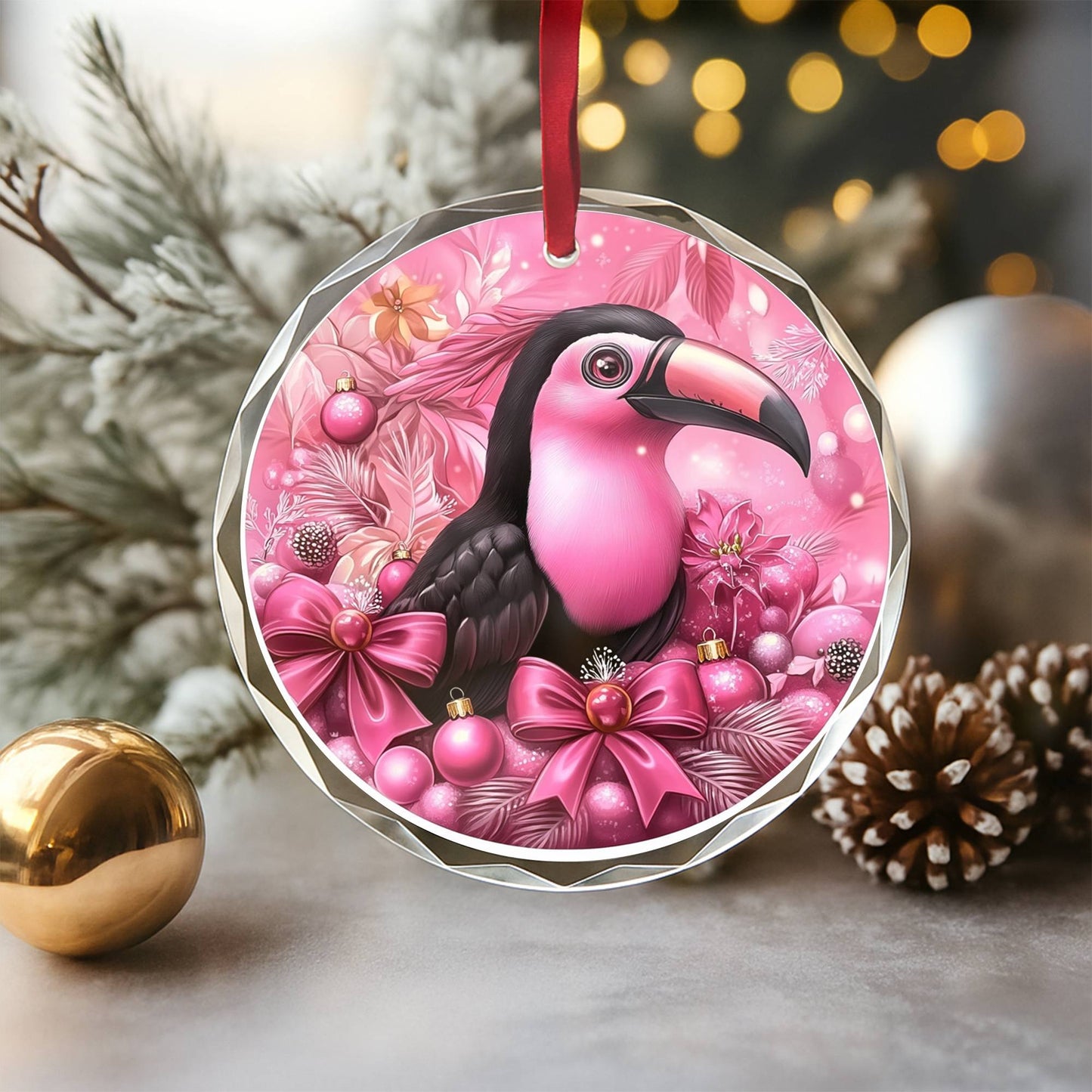 Toucan Pink Christmas Design 1 Glass Ornament