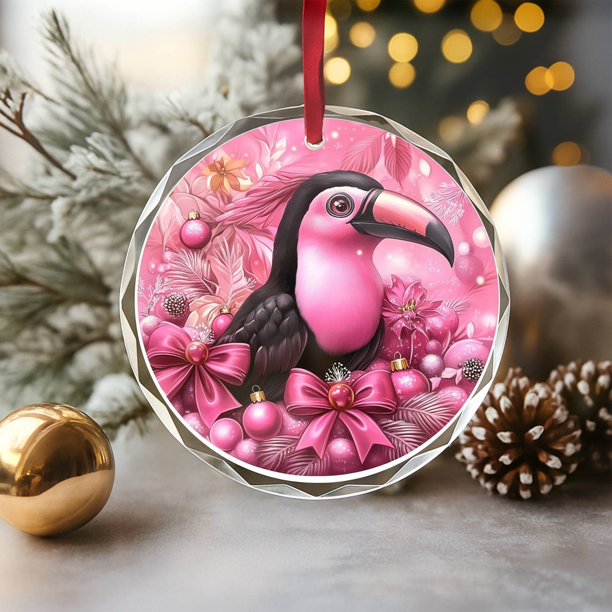Toucan Pink Christmas Design 1 Glass Ornament