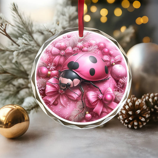 Ladybug Pink Christmas Design 3 Glass Ornament
