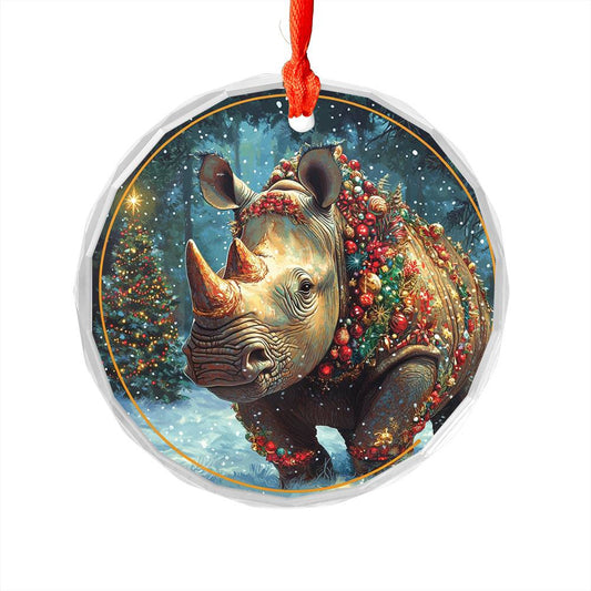 Beautiful Rhino Christmas Night Design 1 Glass Ornament