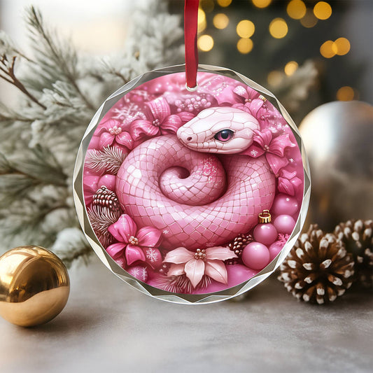 Snake Pink Christmas Design 4 Glass Ornament