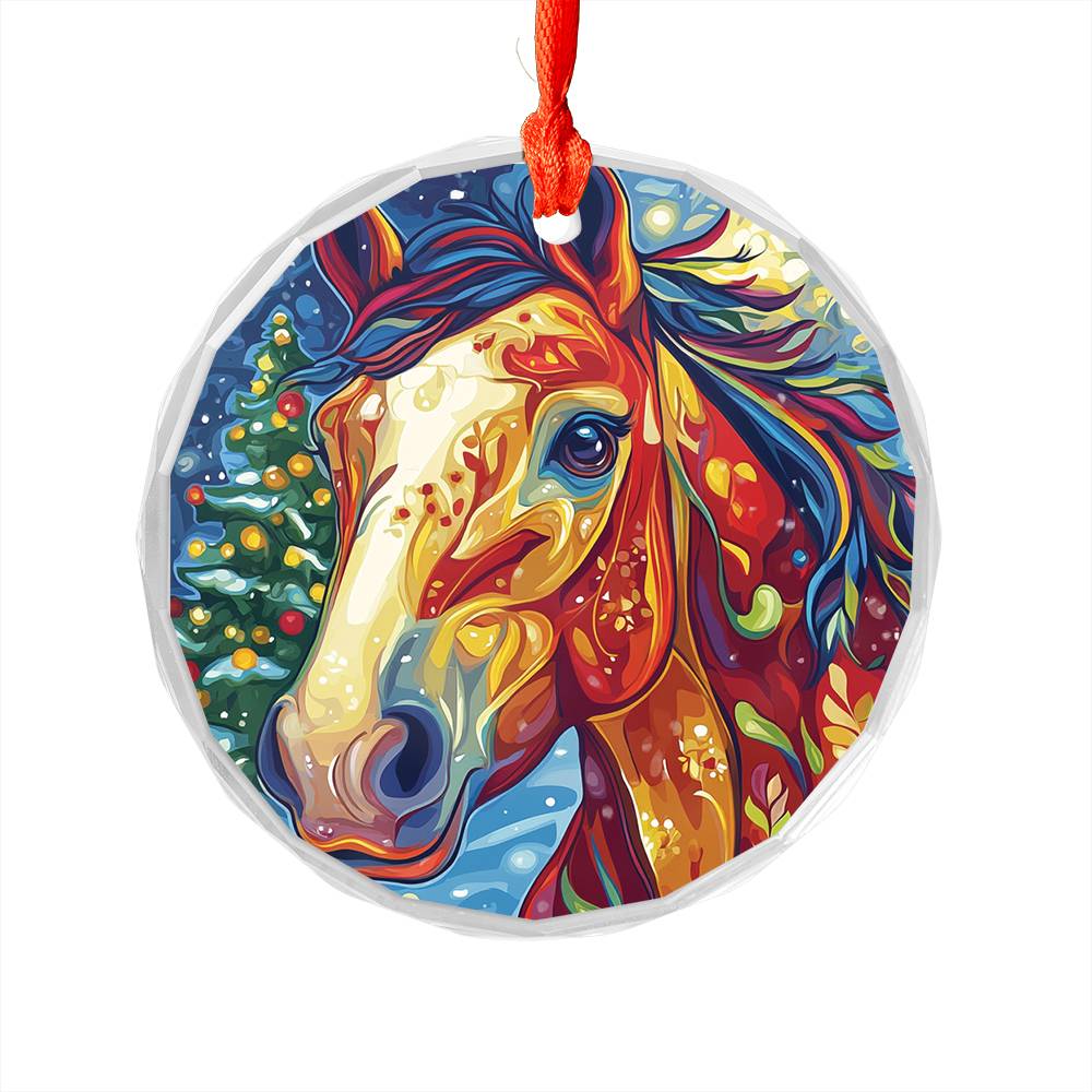 Beautiful Horse Christmas Night Design 2 Glass Ornament