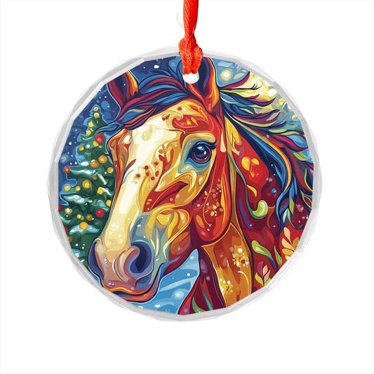 Beautiful Horse Christmas Night Design 2 Glass Ornament
