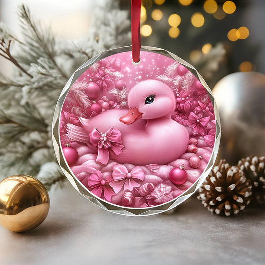 Duck Pink Christmas Design 2 Glass Ornament