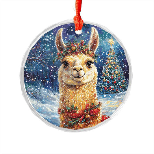 Beautiful Llama Christmas Night Design 2 Glass Ornament