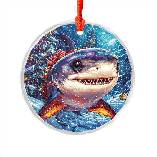 Beautiful Angus Shark Christmas Night Design 4 Glass Ornament