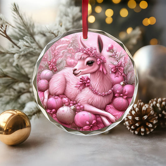 Llama Pink Christmas Design 4 Glass Ornament