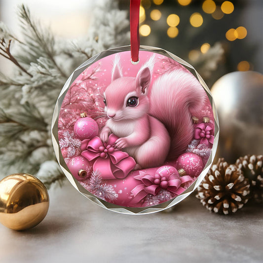 Squirrel Pink Christmas Design 2 Glass Ornament