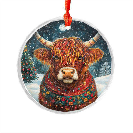 Beautiful Highland Cow Christmas Night Design 3 Glass Ornament