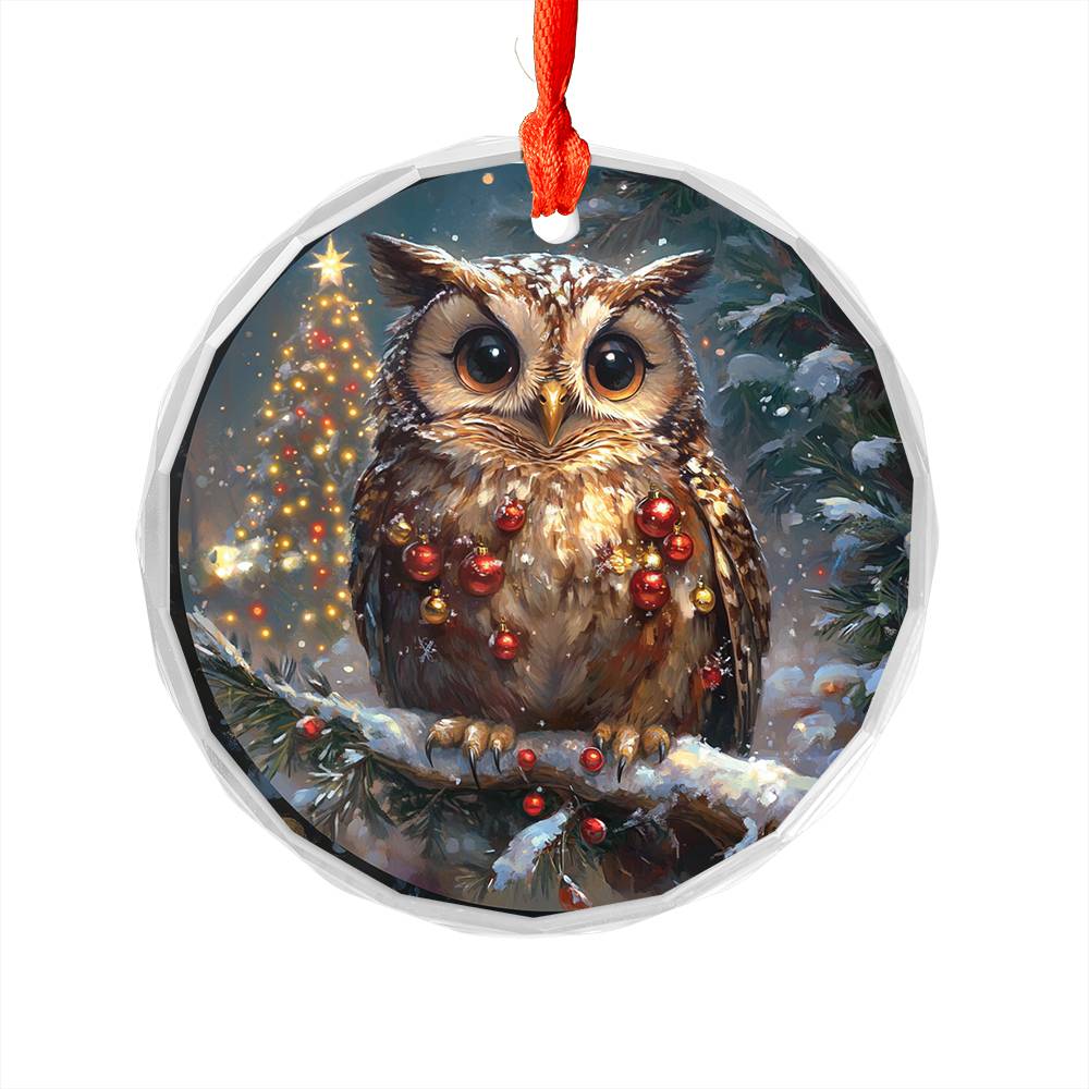 Beautiful Owl Christmas Night Design 4 Glass Ornament
