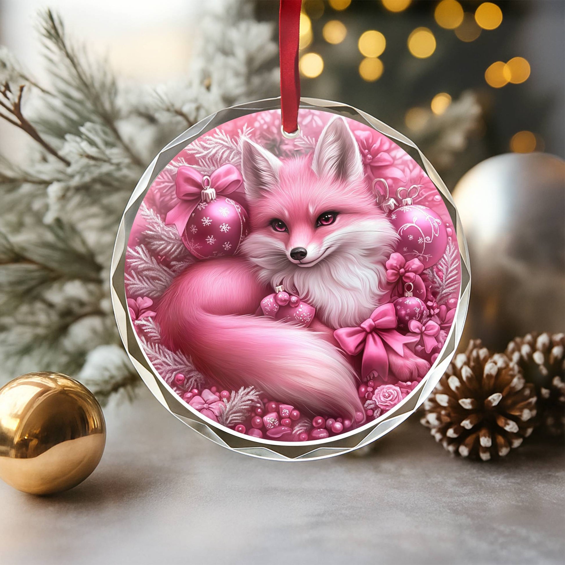 Fox Pink Christmas Design 4 Glass Ornament