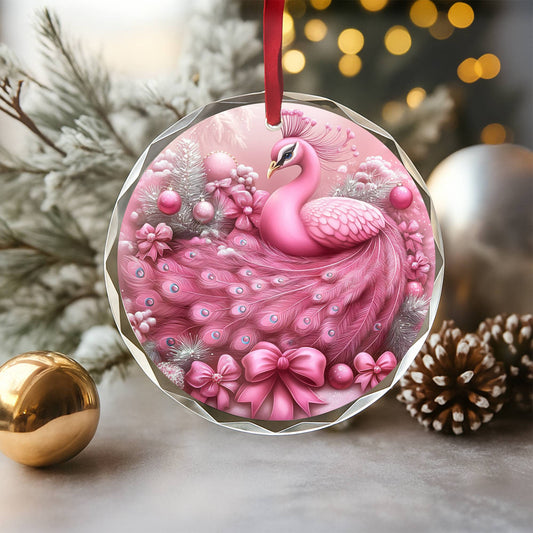 Peacock Pink Christmas Design 3 Glass Ornament