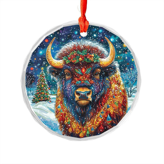 Beautiful Bison Christmas Night Design 1 Glass Ornament