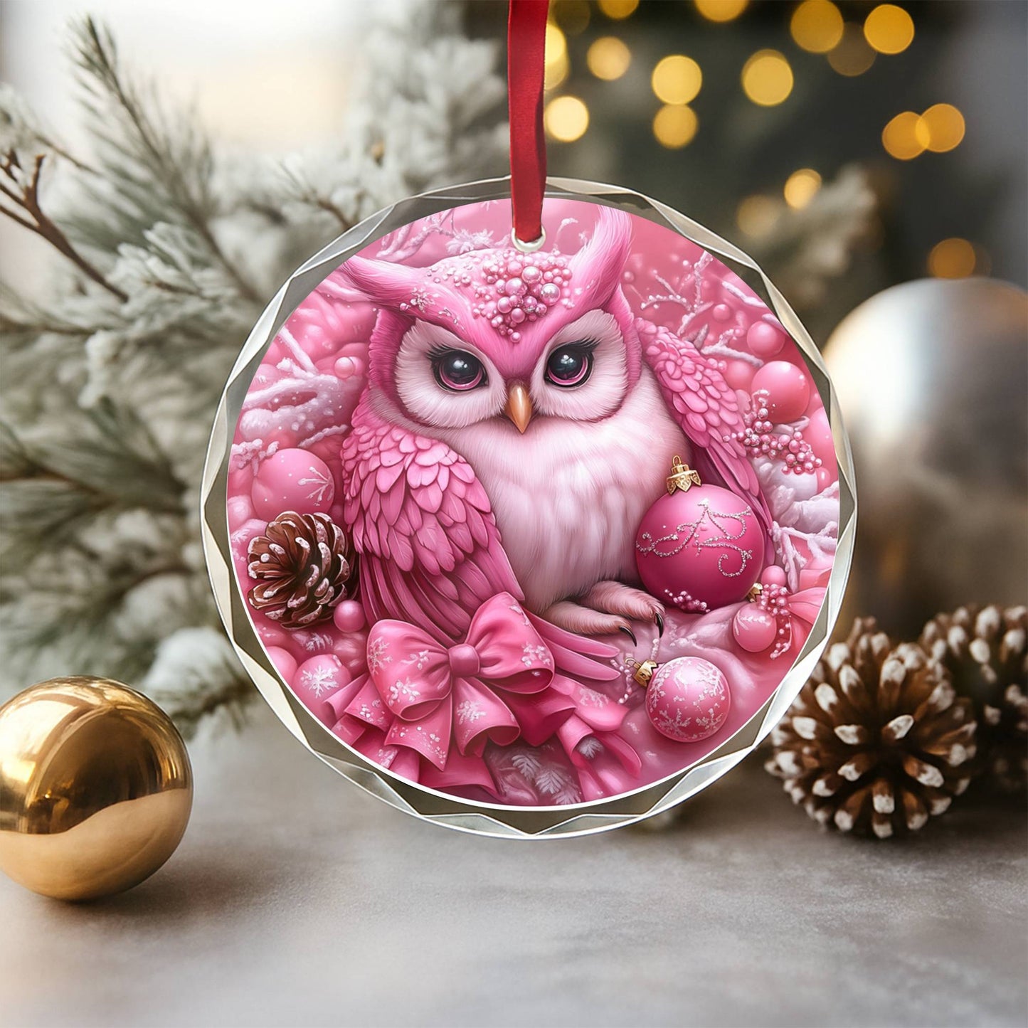 Owl Pink Christmas Design 3 Glass Ornament