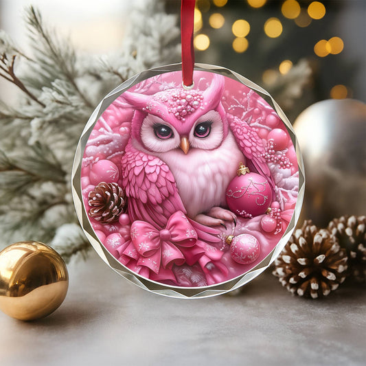 Owl Pink Christmas Design 3 Glass Ornament
