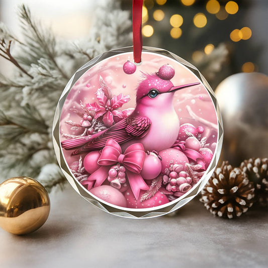 Hummingbird Pink Christmas Design 1 Glass Ornament