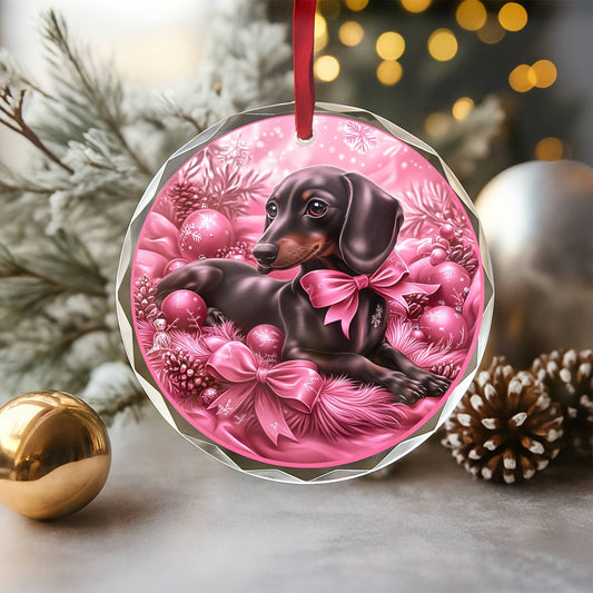 Dachshund Dog Pink Christmas Design 3 Glass Ornament