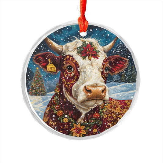 Beautiful Hereford Cow Christmas Night Design 1 Glass Ornament