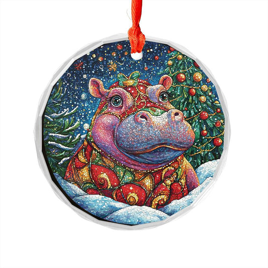 Beautiful Hippo Christmas Night Design 2 Glass Ornament