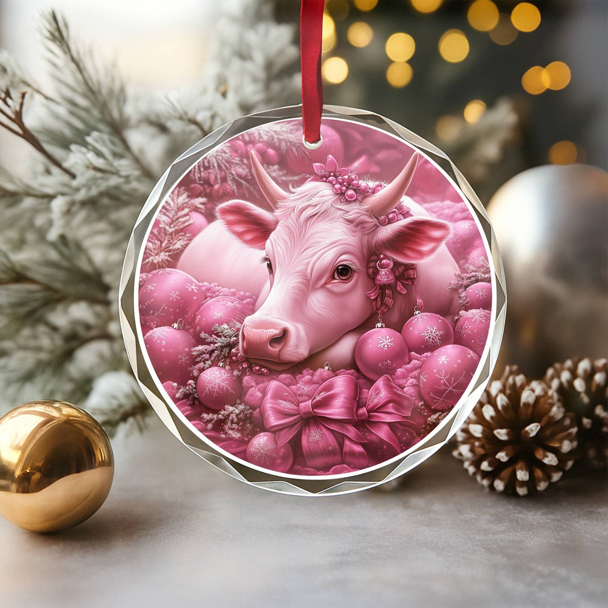Hereford Cow Pink Christmas Design 1 Glass Ornament