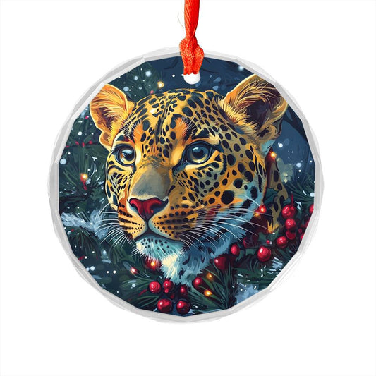 Beautiful Leopard Christmas Night Design 4 Glass Ornament