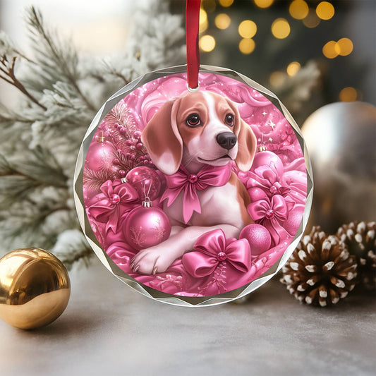 Beagle Dog Pink Christmas Design 1 Glass Ornament