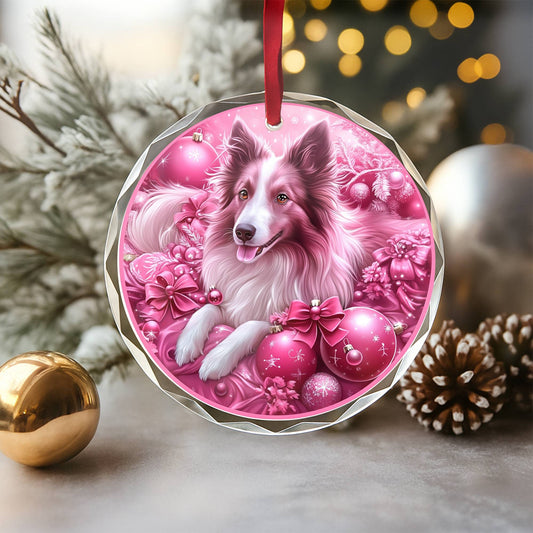 Collie Dog Pink Christmas Design 3 Glass Ornament