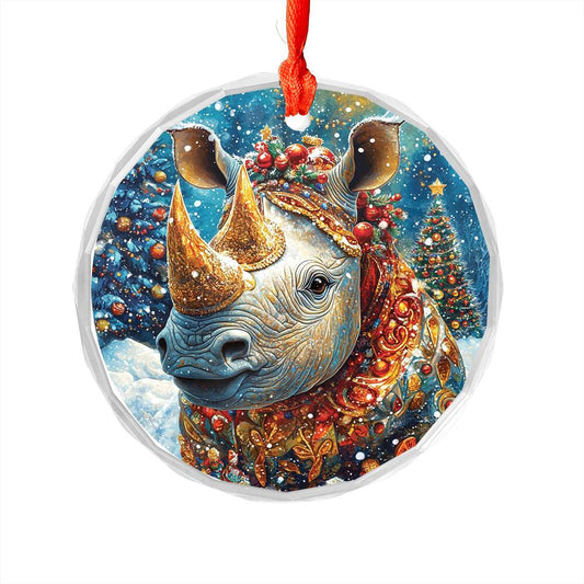 Beautiful Rhino Christmas Night Design 3 Glass Ornament