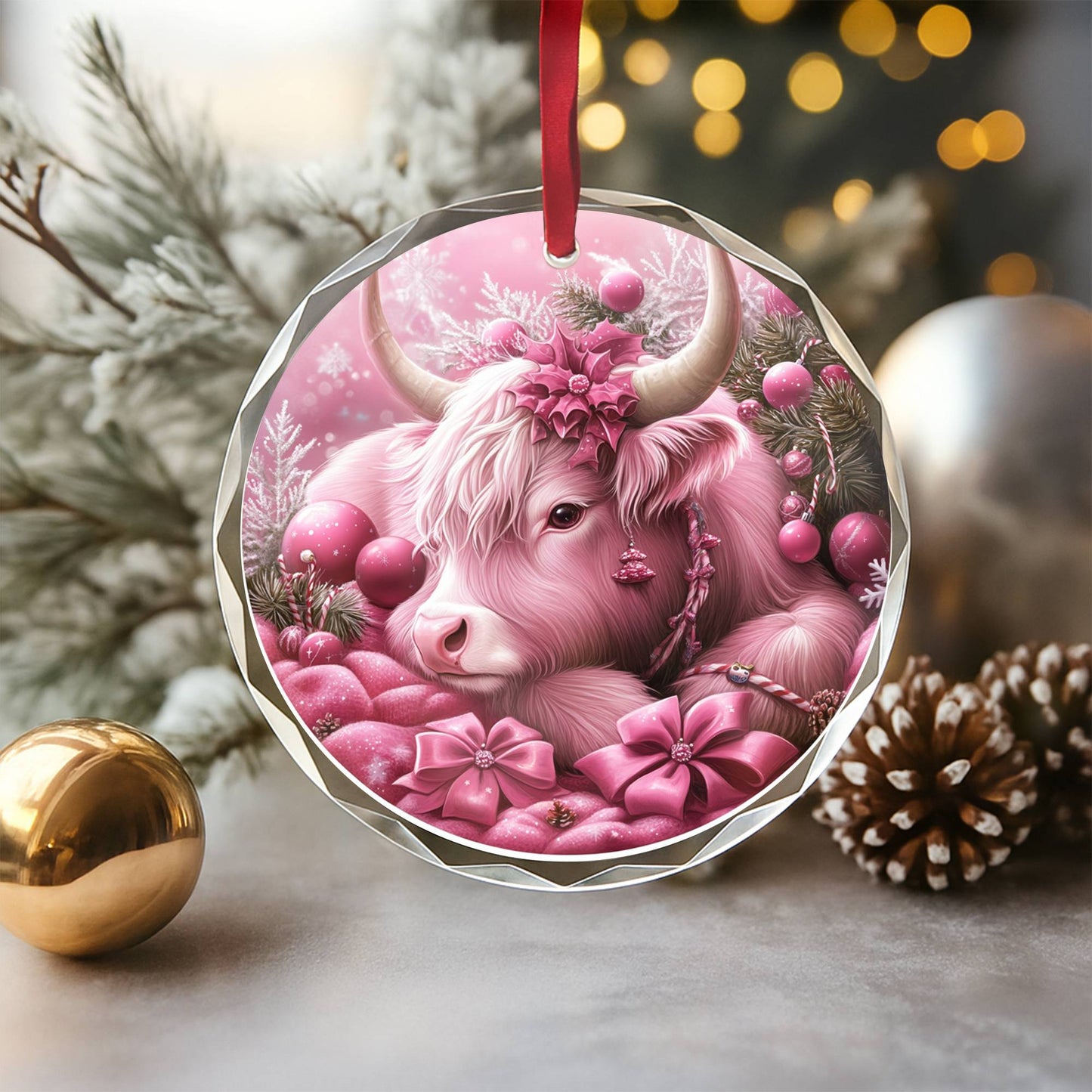 Highland Cow Pink Christmas Design 2 Glass Ornament
