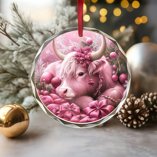 Highland Cow Pink Christmas Design 2 Glass Ornament