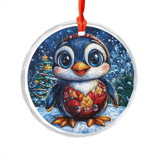 Beautiful Angus Penguin Christmas Night Design 2 Glass Ornament