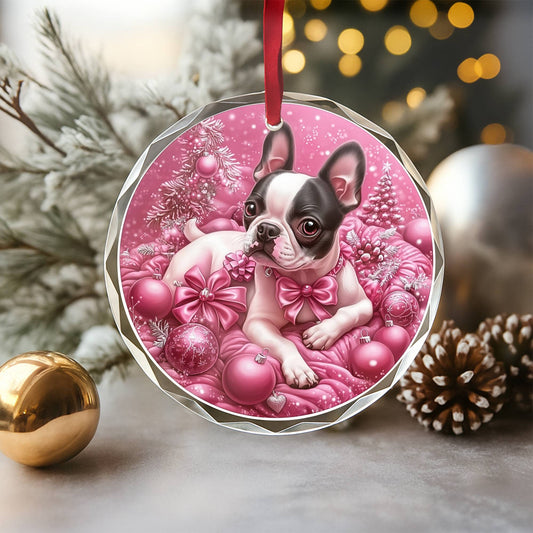 Boston Terrier Dog Pink Christmas Design 1 Glass Ornament