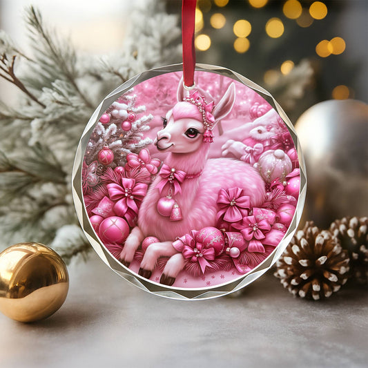Llama Pink Christmas Design 1 Glass Ornament